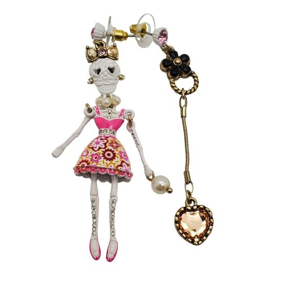 Betsey Johnson Skeleton Earrings Dia de los Muertos Pink Heart 3" Drop Dangle - Picture 2 of 8
